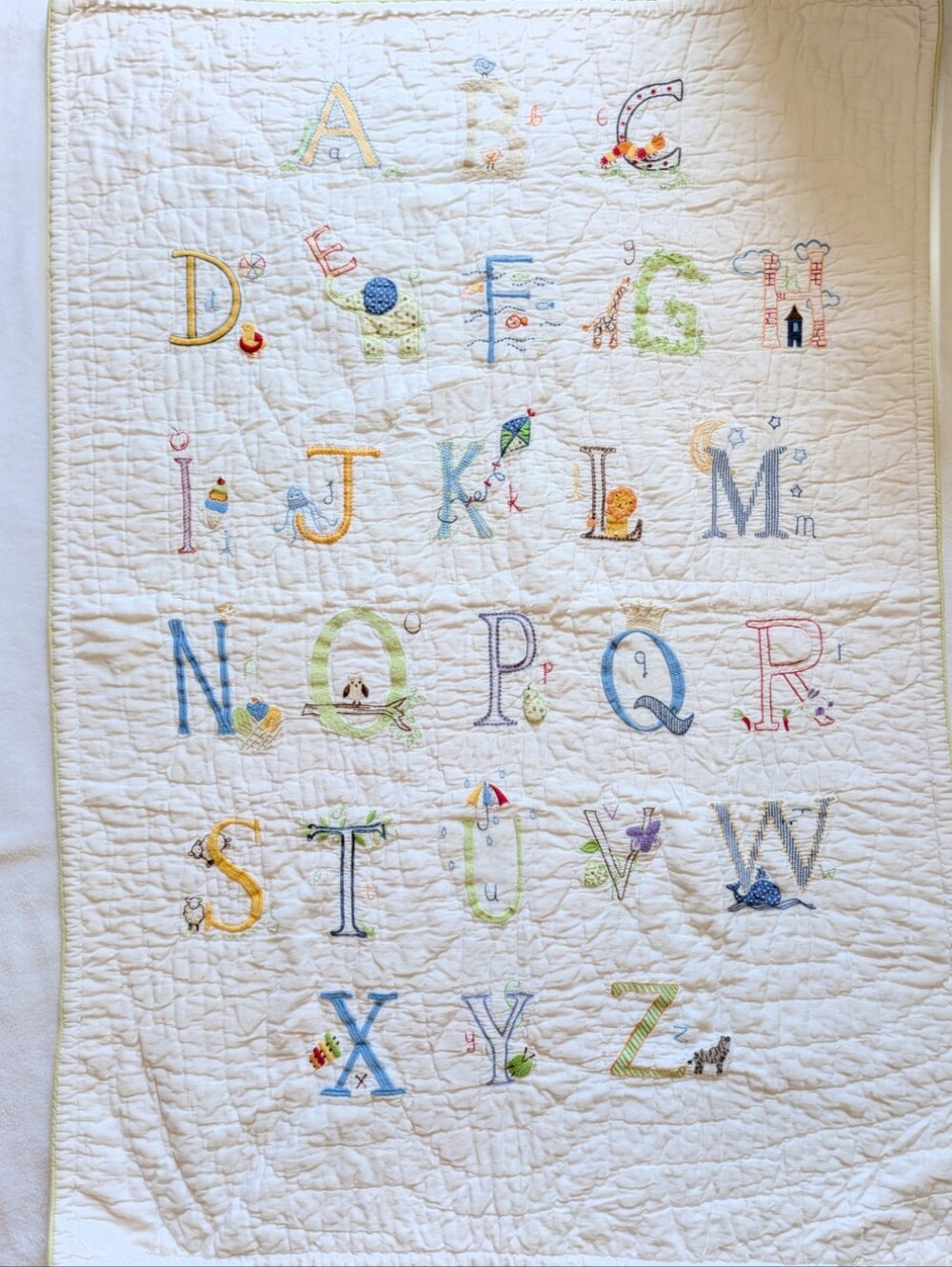EUC Pottery Barn PBkids Embroidered Alphabet Crib Quilt White Cotton